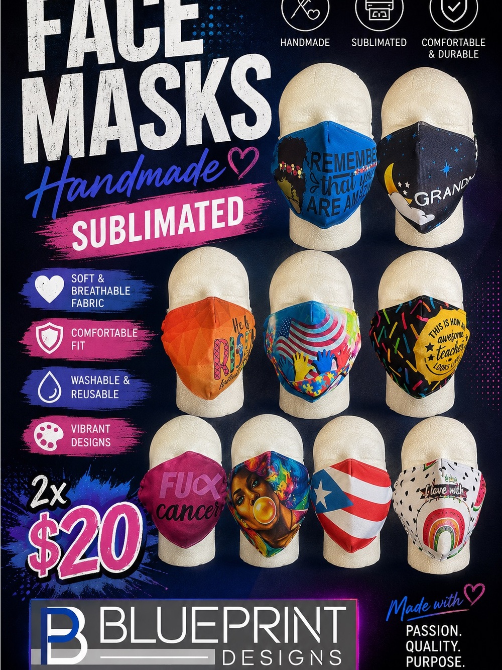 Handmade Sublimated Face Mask - Blue & Multicolor Options